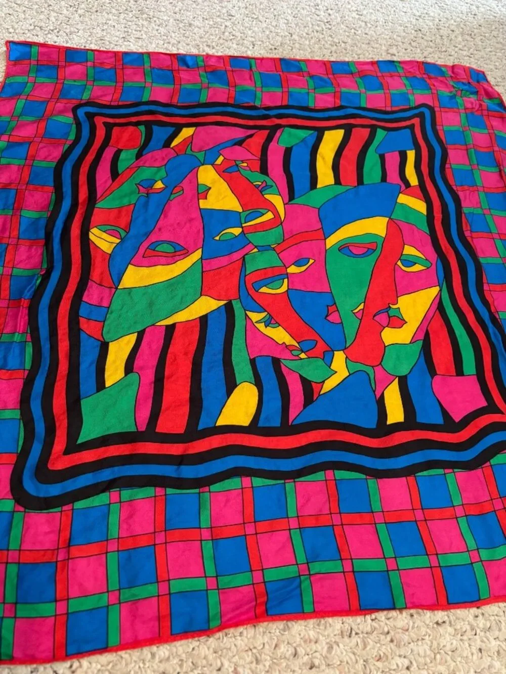 Elaine Gold Vintage Multicolor Abstract Face Silk Scarf 30
